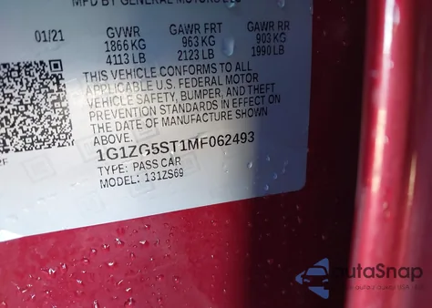 2021 Chevrolet Malibu Fwd Rs из США, поврежденный, VIN 1G1ZG5ST1MF062493